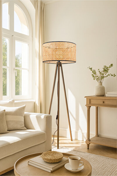 HOMİNG Orijinal Hazeran Rattan Ahşap Ayak Tripod Exclusive Lambader Ayd-3682