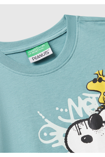 United Colors of Benetton Boy's Grey-Green Front Colored Peanuts Printed Jersey T-Shirt