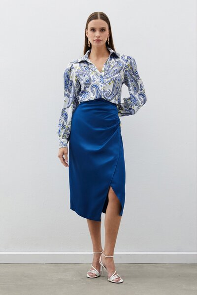 Sateen Düğme Aksesuarlı Saten Krep Etek - İNDİGO