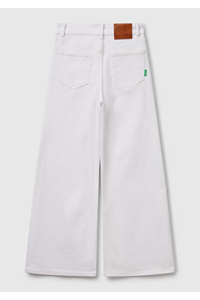 United Colors of Benetton Women's White Stretch Cotton Loose Cut Trousers with Logo Label on the Back