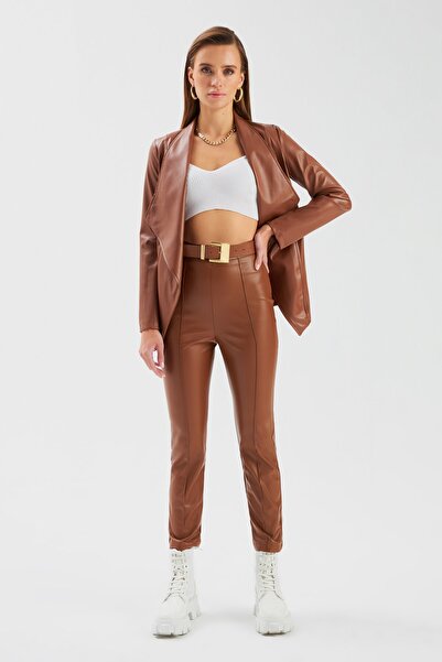 Sateen High Waist Leather Trousers - Brown