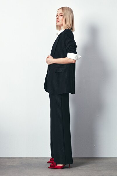 Sateen Parlak Çizgili Pantolon - SİYAH