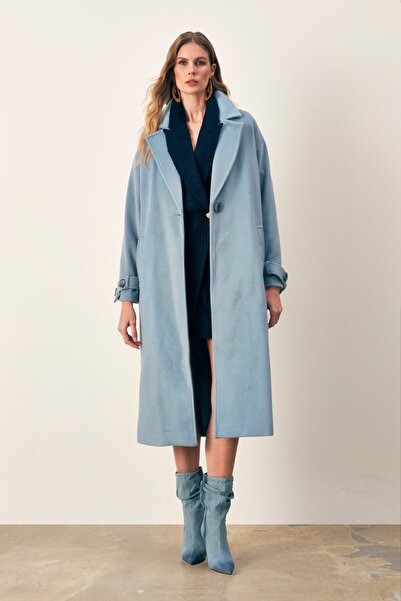 Sateen Casual Coat with Sleeve Belt Detail - Blue