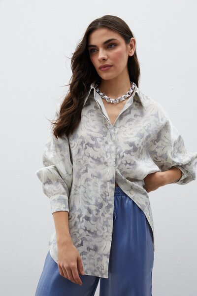 Sateen Long Patterned Shirt - Gray