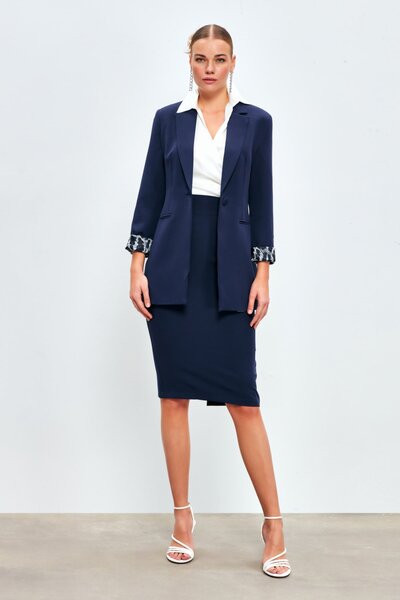 Sateen Düz Kalem Etek -lacivert