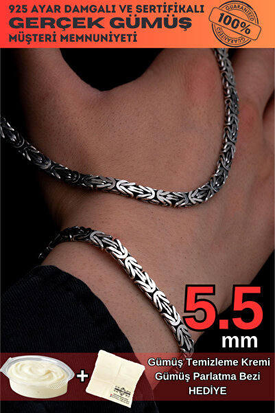 OSMANLI GÜMÜŞ Erkek Gümüş Kolye Bileklik Set - 5.5mm Dikdörtgen Kesim Yassı K...