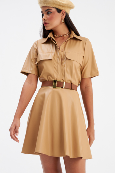 Sateen Fusta mini din piele evazată - Bej