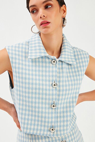 Sateen Houndstooth Patterned Vest - Blue