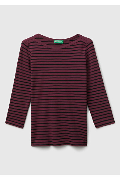 United Colors of Benetton Γυναικείο μπλουζάκι μωβ 100% βαμβακερό με ριγέ λογότυπο και μανίκια τριών τετάρτων