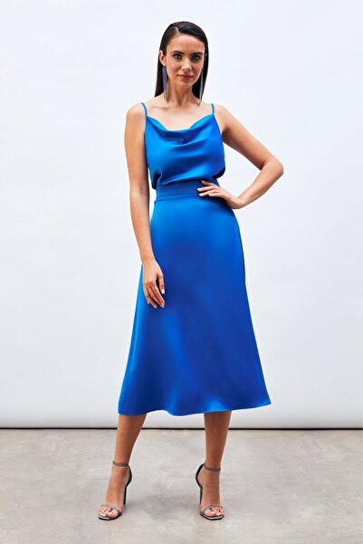 Sateen Midi Boy Saten Etek - SAX MAVİ