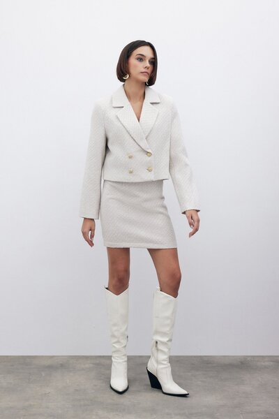 Sateen Simli Kısa Tüvit Ceket - Taş