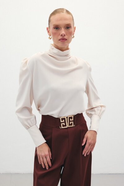 Sateen Beige Color Drape Detailed Blouse