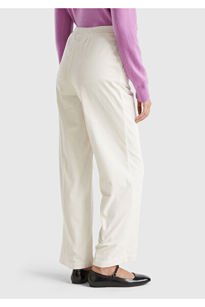 United Colors of Benetton Women's Cream Cotton Blended Wide Leg Velvet Trousers with Elastic Back Pockets