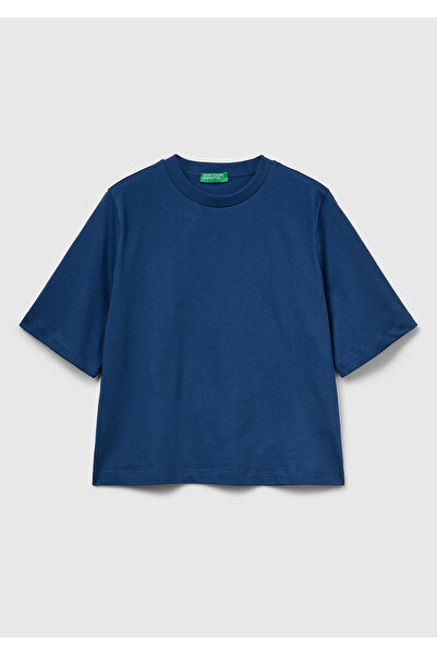 United Colors of Benetton Γυναικείο μπλουζάκι Indigo Blue 100% βαμβακερό μπλουζάκι με κουτιά