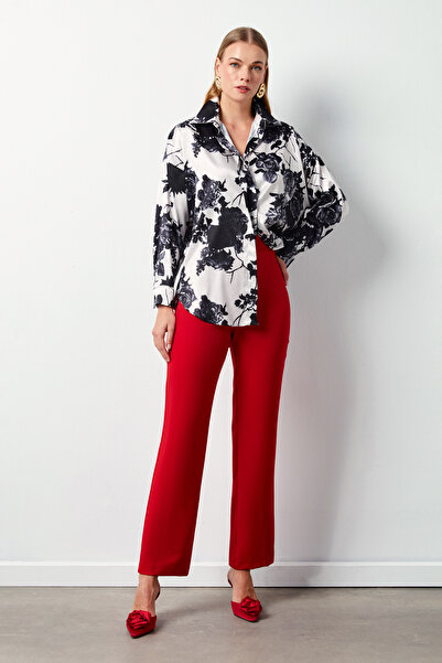 Sateen Çiçek Desenli Salaş Gömlek - SİYAH