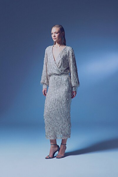 Sateen Спідниця з довгими паєтками - бежева