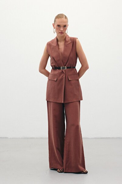 Sateen Casual Λινό Παντελόνι - Καφέ
