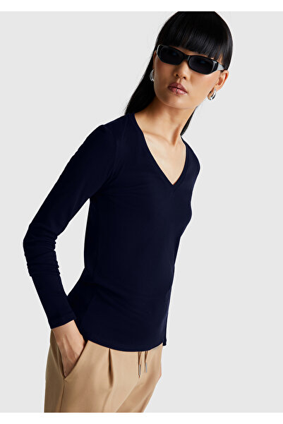 United Colors of Benetton Tricou bleumarin simplu cu decolteu în V și mânecă ...