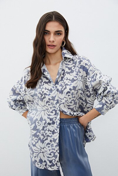Sateen Desenli Uzun Gömlek - İNDİGO
