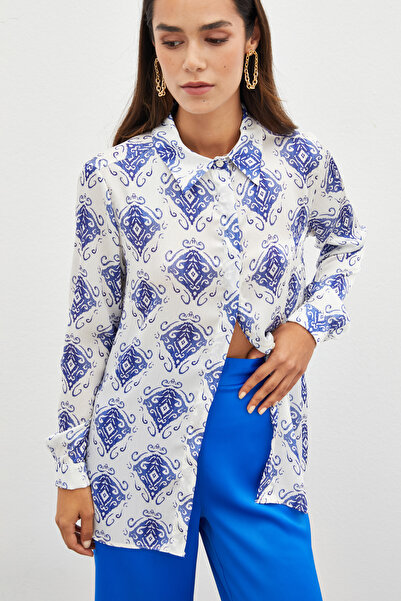 Sateen Desenli Düz Gömlek - SAX MAVİ