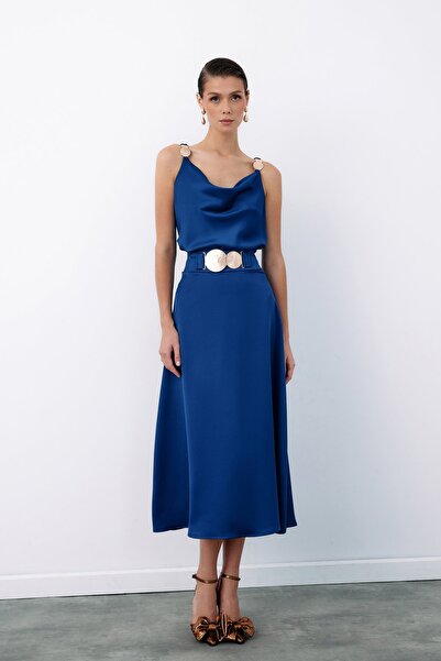 Sateen Kemer Aksesuarlı Kloş Etek - LACİVERT