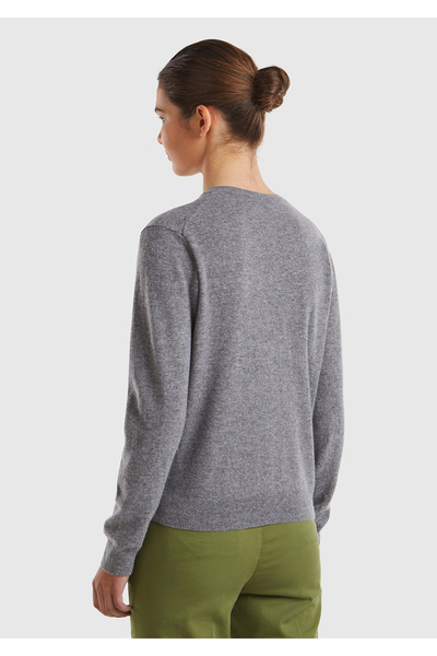 United Colors of Benetton Women's anthracite melange 100% merino crew neck cardigan
