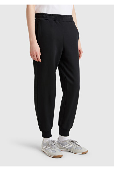 United Colors of Benetton Pantaloni de sport negri, 100% bumbac, cu manșete, cu talie elastică, cu potrivire normală