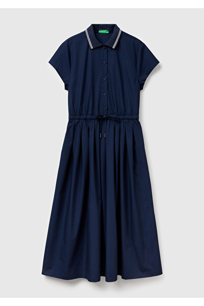 United Colors of Benetton Women's Navy Blue 100% Cotton Buttoned Waist Lace-Up Shirt Collar Dress