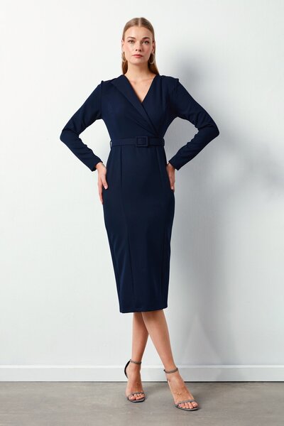 Sateen Kemerli Kalem Elbise - LACİVERT