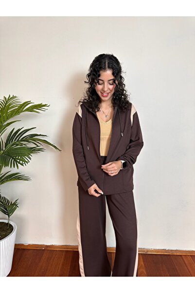 BELISTIL Kahverengi Bej Kalın Şeritli Modal Kumaş Relax Fit Kapüşonlu Alt Üst...