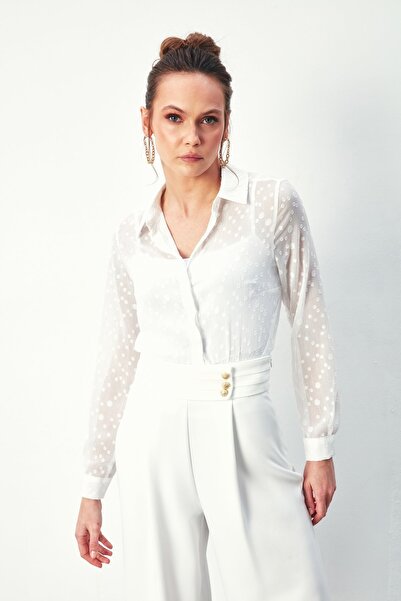 Sateen Desenli Klasik Gömlek - Ekru