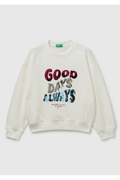 United Colors of Benetton Girl's Ecru Front Sequined Printed Ribbed Relaxed Fit Sweatshirt