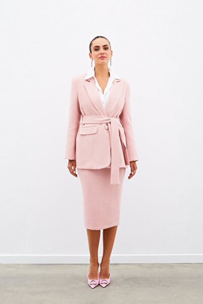 Sateen Fusta Tweed Lungime Midi - Pudra