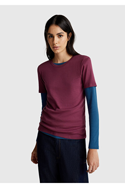 United Colors of Benetton Women's plum 100% cotton basic short sleeve bicycle collar t-shirt