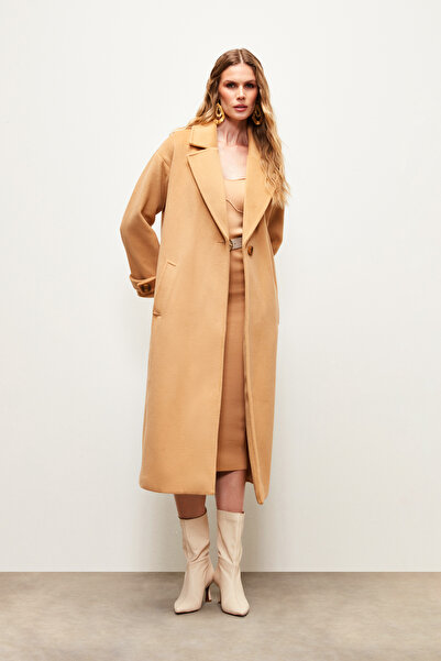 Sateen Casual παλτό με λεπτομέρεια στην ζώνη του μανίκι - Camel