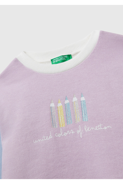 United Colors of Benetton Kız Çocuk Lila-Krem Önü Simli Logo Baskılı Nervürlü Regular Fit Sweatshirt
