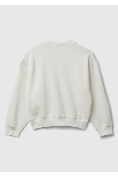 United Colors of Benetton Girl's Ecru Front Sequined Printed Ribbed Relaxed Fit Sweatshirt