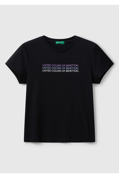 United Colors of Benetton Tricou pentru fete, negru, cu logo-ul sclipitor, cu...