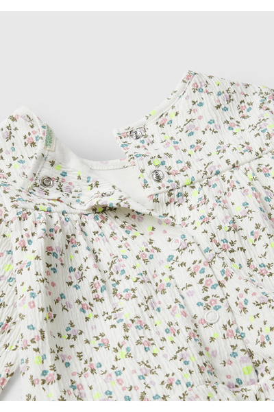 United Colors of Benetton Baby White All over Patterned Logo Label Round Neck Flounce Dress