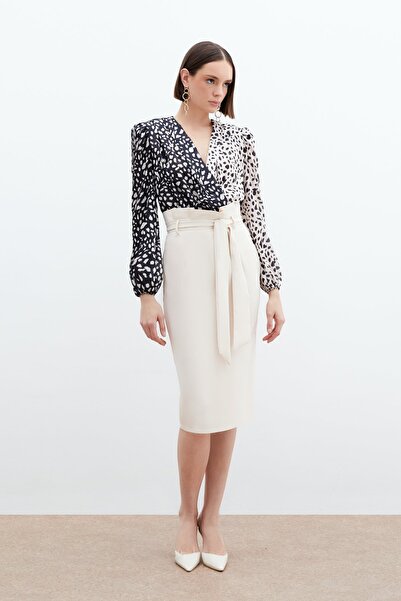 Sateen Kuşaklı Kalem Etek - Taş