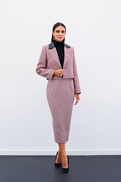 Sateen Houndstooth Midi Skirt - Fuchsia