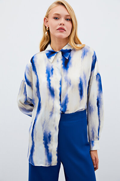 Sateen Geniş Desenli Gömlek - SAX MAVİ