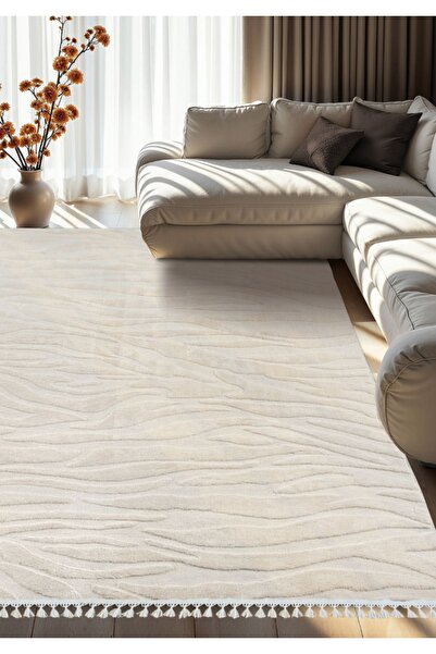 Dinarsu Alaçatı Püsküllü Kaymaz Taban Halı 150x230 Hex Açık Bej