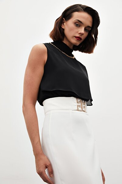 Sateen Μπλούζα με λεπτομέρεια αξεσουάρ - Μαύρο