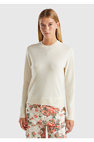 United Colors of Benetton Women's Cream 100% Cashmere Round Neck Plain Sweater
