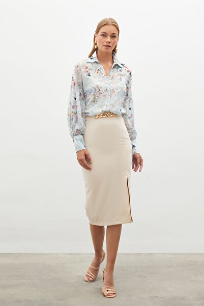 Sateen Zincir Detaylı Kalem Etek - Bej