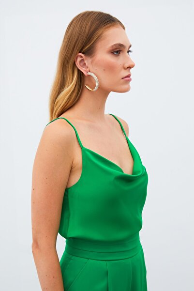 Sateen Degaje Yaka Saten Bluz - Yeşil