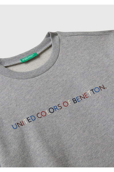 United Colors of Benetton Hanorac pentru băieți, gri melange, cu logo imprimat în față, cu decolteu crewneck, cu o formă regulară