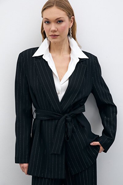 Sateen Glitter Striped Belted Jacket - Black Striped