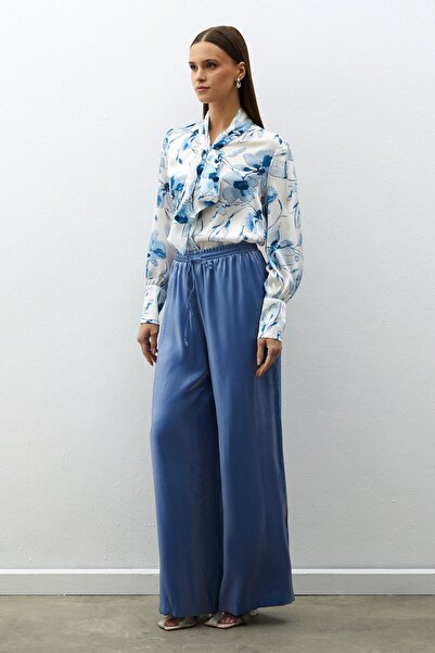 Sateen Блестящи сини панталони с еластична талия